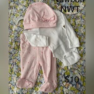 NWT 3 piece baby girl outfit. Pink and white. Onesie, pants, hat.